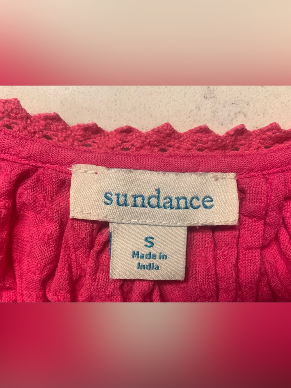 Sundance Bright Pink Smocked Button-Front Puff Sleeve Peasant Top - S - Picture 2 of 7